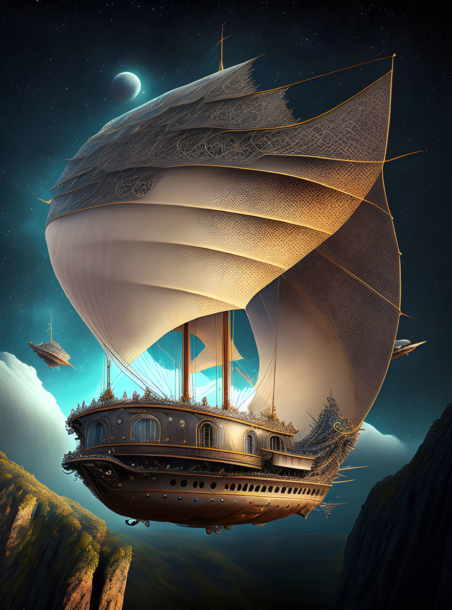 Fantastical ship with intricate sails above cliff under starlit sky