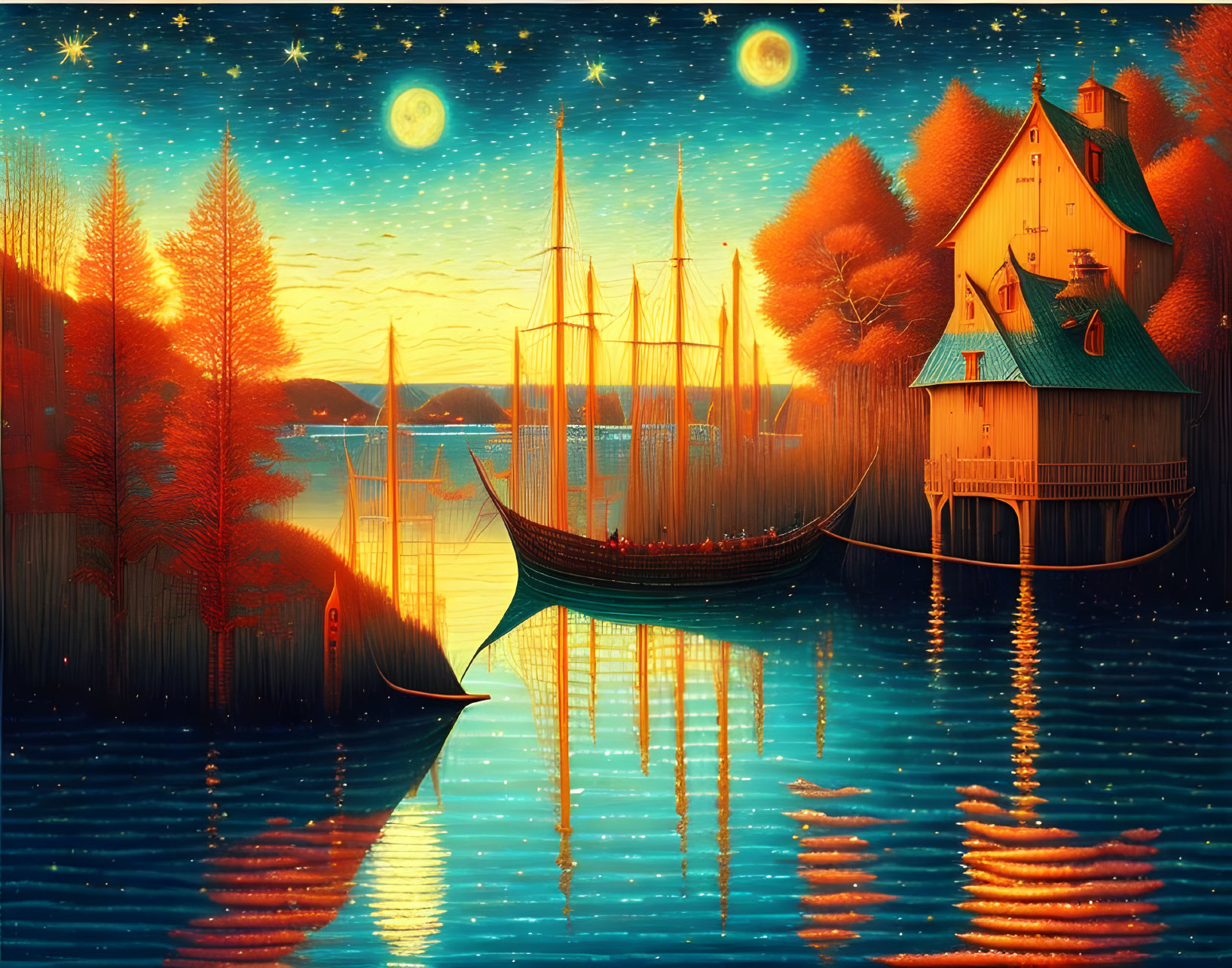 Twilight Viking ship and stilted house in serene fantasy setting