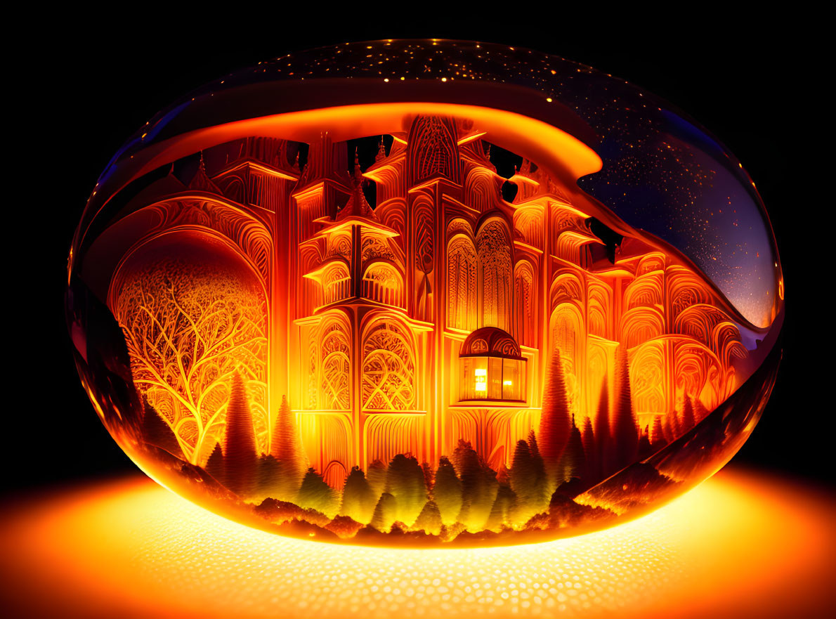 Orange and Yellow Paperweight with Etched Fantasy Landscape Design