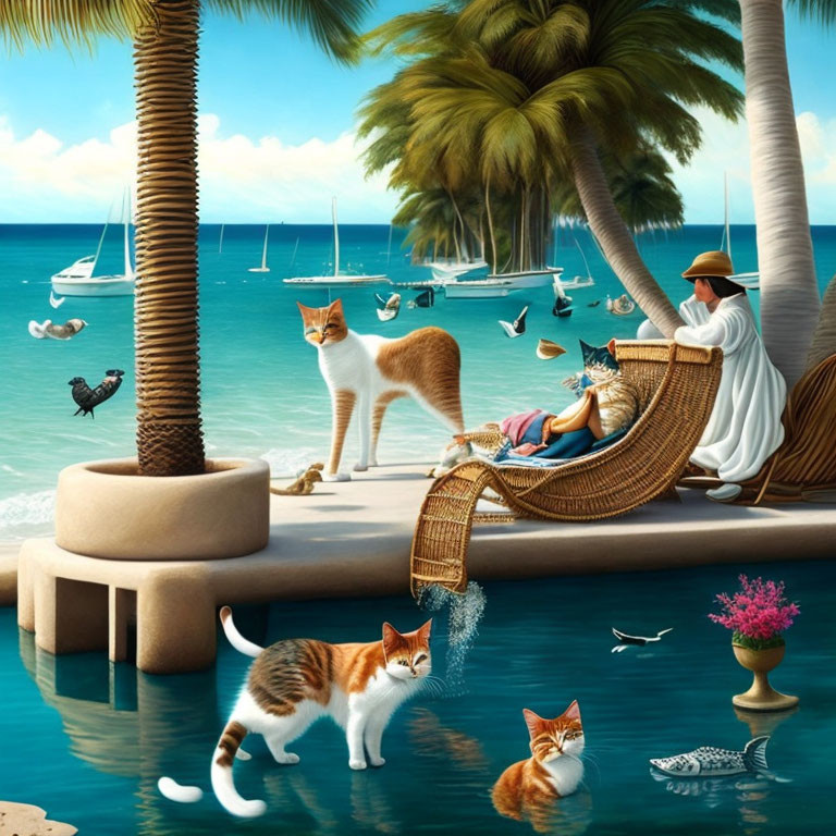 Tropical Beach Scene with Oversized Cats, Yachts, and Palm Trees