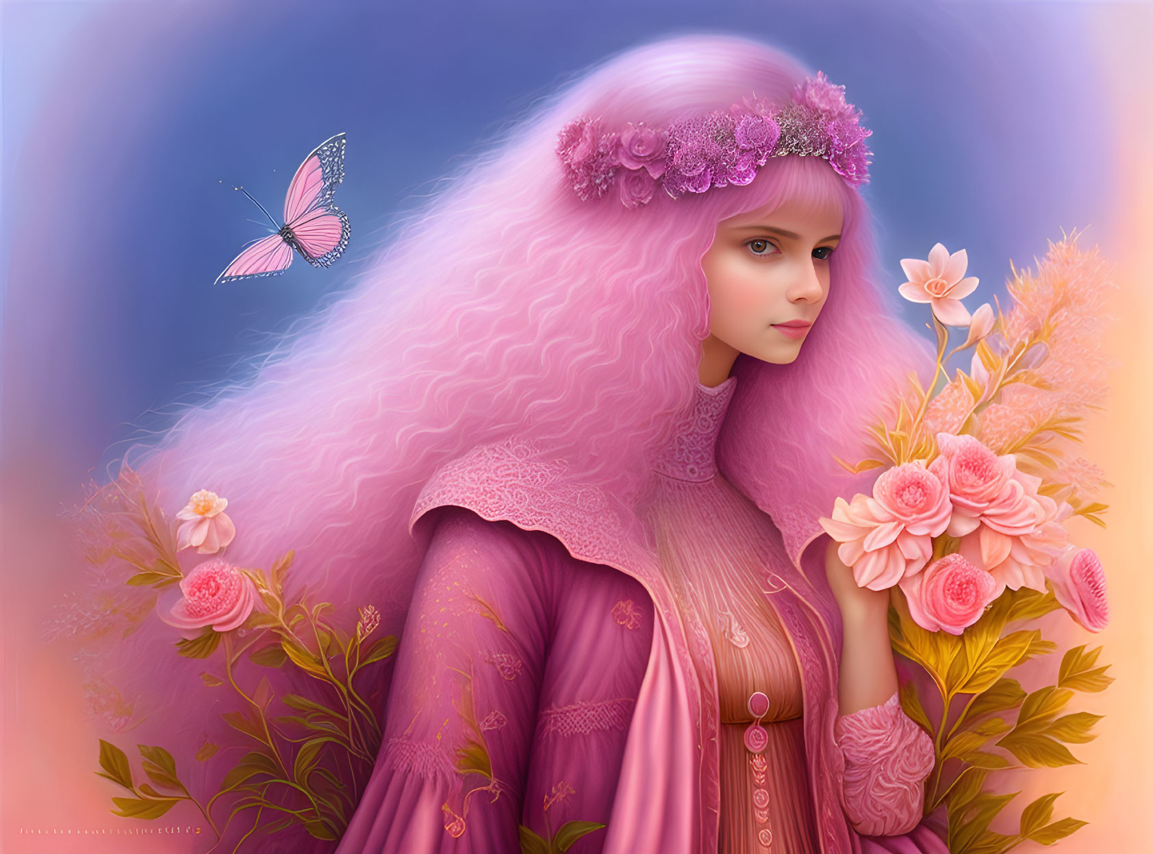 Illustration of person with pink hair, flowers, bouquet, butterfly on soft blue and pink background