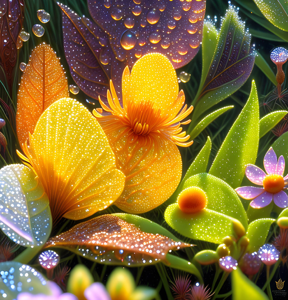 Luminescent digital art of dew-covered flowers with intricate details