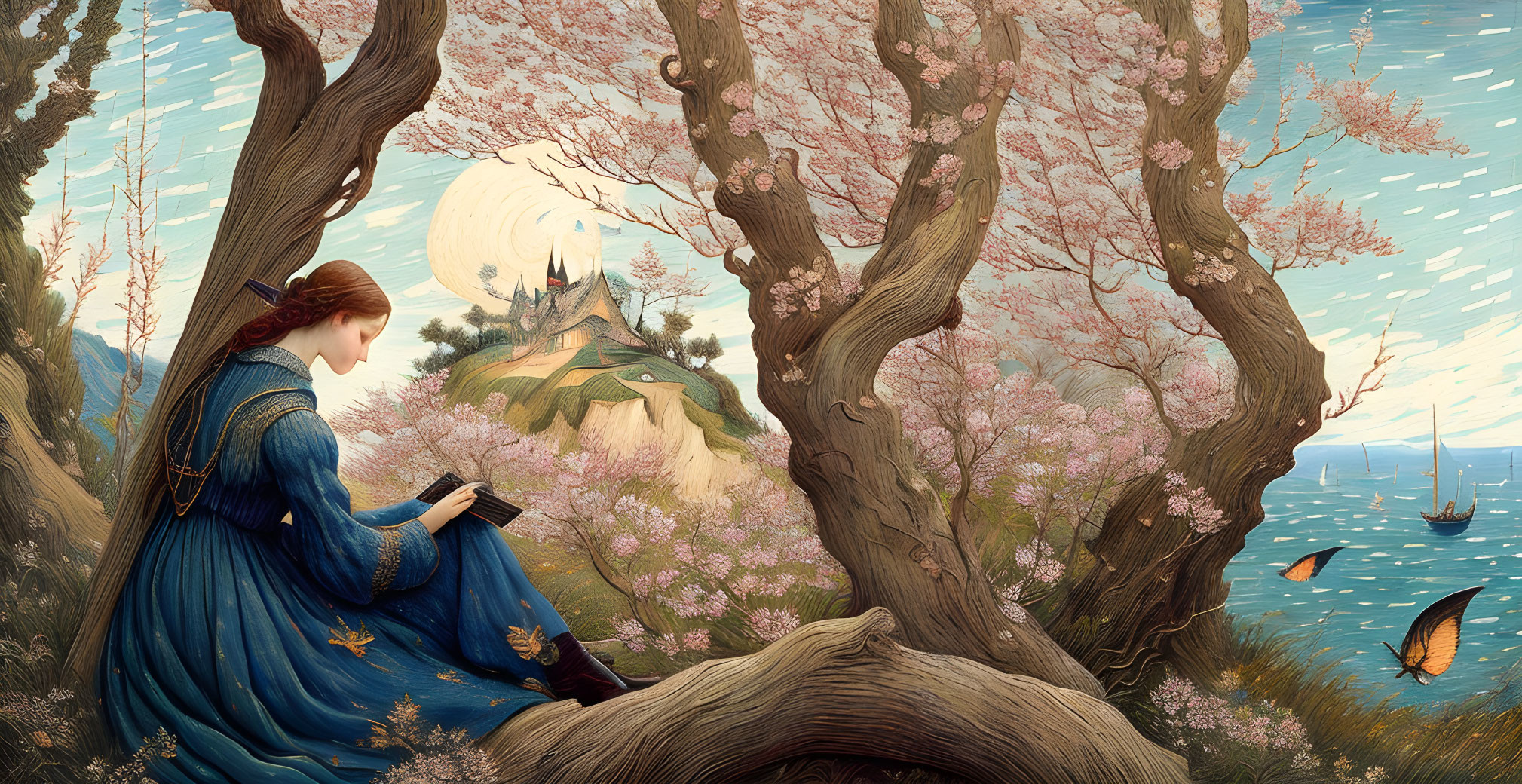 Woman in blue dress reading book under cherry blossoms with castle, sea, and ships under full moon