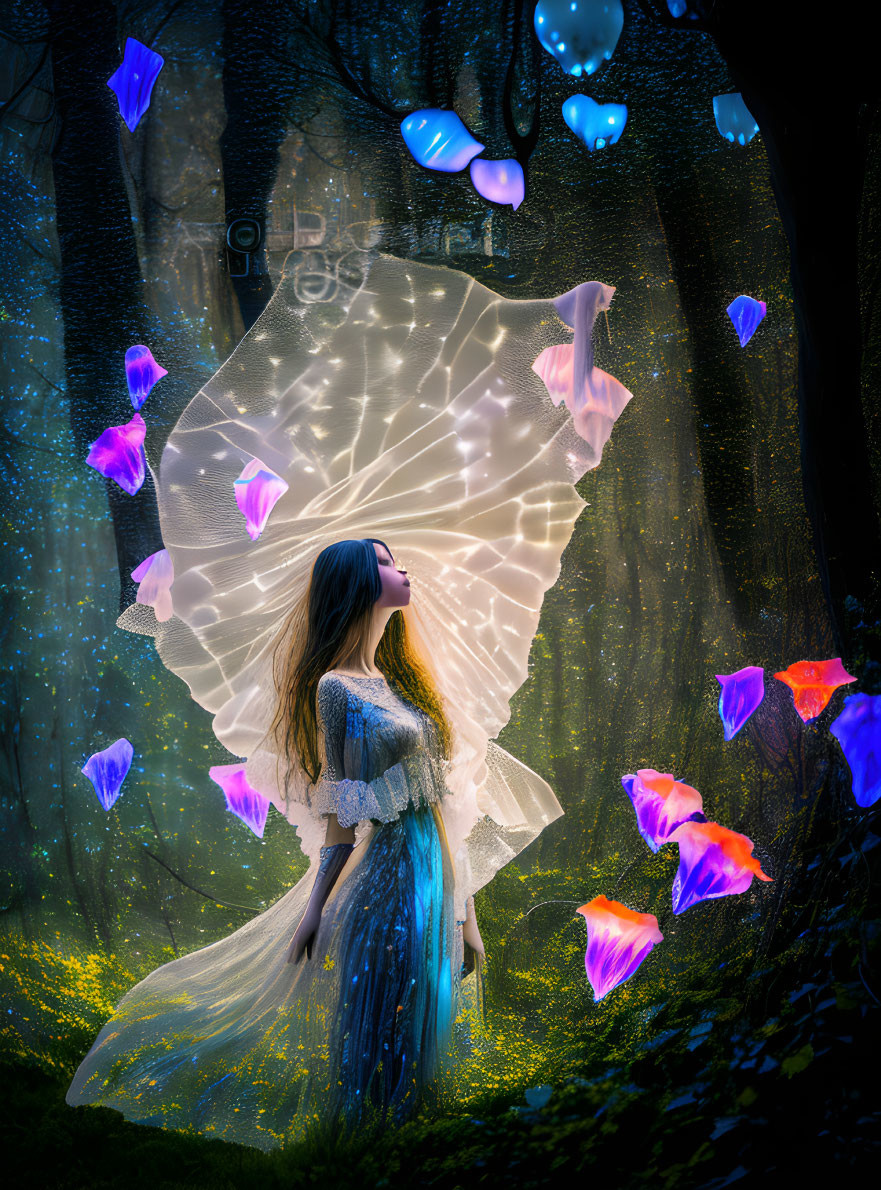 Woman in fantasy forest with glowing butterflies and large translucent mushroom umbrella