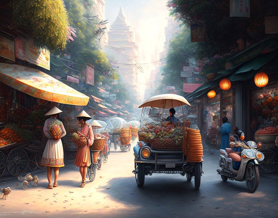 Traditional hat vendors, tuk-tuk, motorcycles, fruits in bustling street market