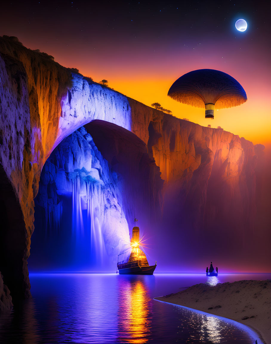 Fantasy landscape with glowing ship, arch, waterfalls, mushroom, and crescent moon