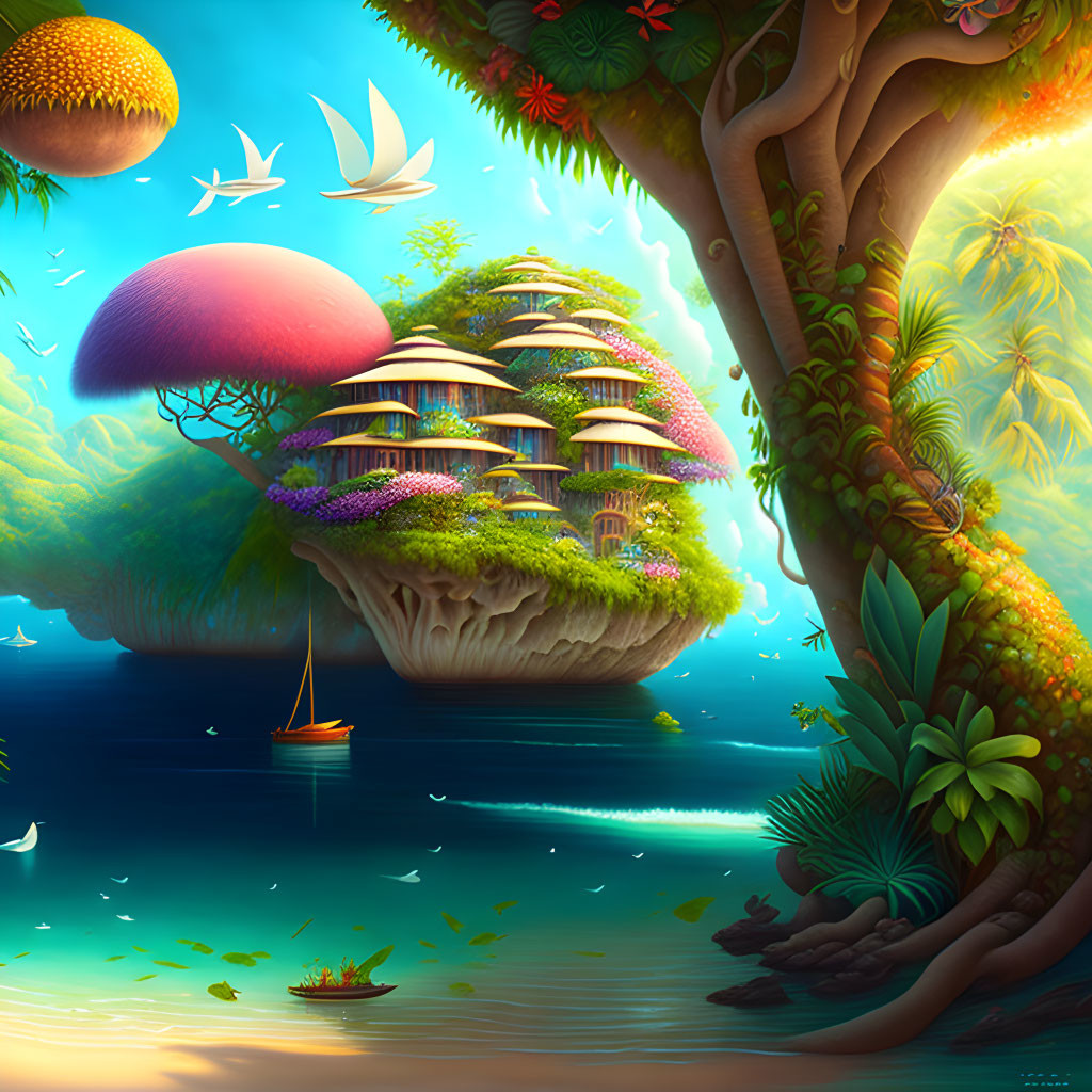 Fantastical landscape with floating mushroom-capped island & sailboat