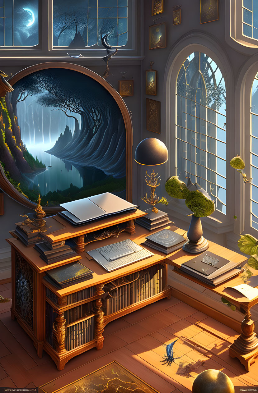 Cozy study room with wooden desk and fantastical landscape view