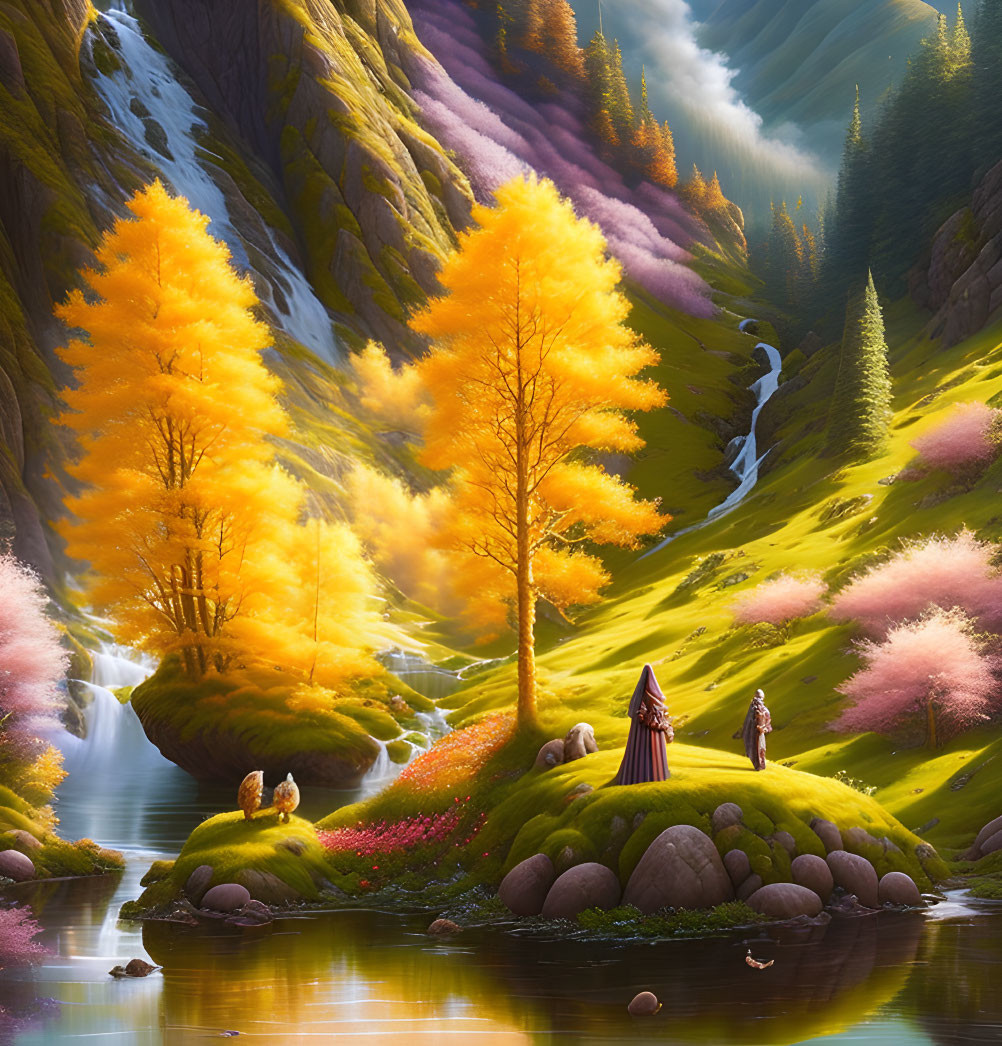 Fantasy landscape with golden trees, waterfalls, pink grass, and two characters under a luminous