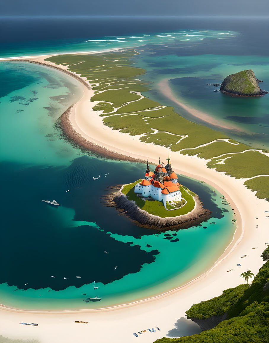 Vibrant Coastal Scene with Orange-Roofed Castle on Islet