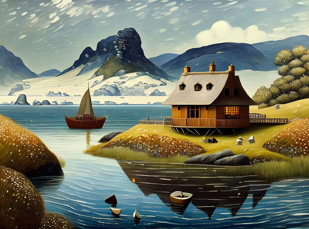 Tranquil stilt house by lake with sailboat & mountains - serene illustration