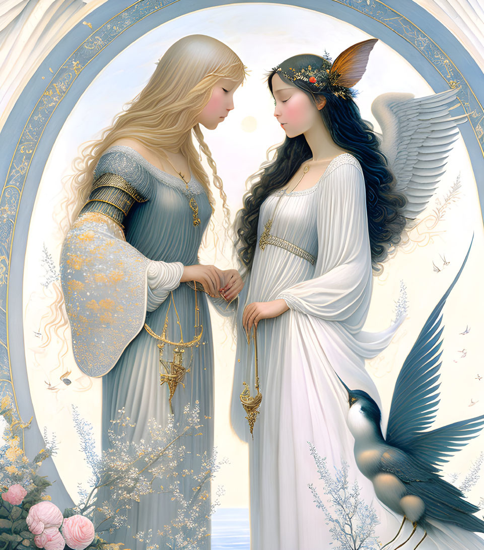 Ethereal women with wings holding hands under arch, surrounded by flowers and birds