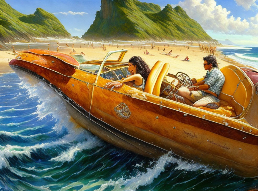 Vintage wooden speedboat with man and woman near beach and cliffs