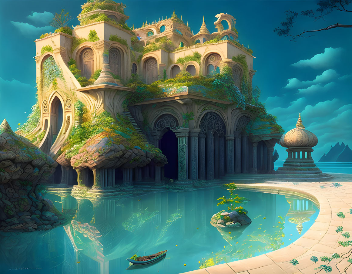 Fantasy palace with intricate architecture by tranquil lake