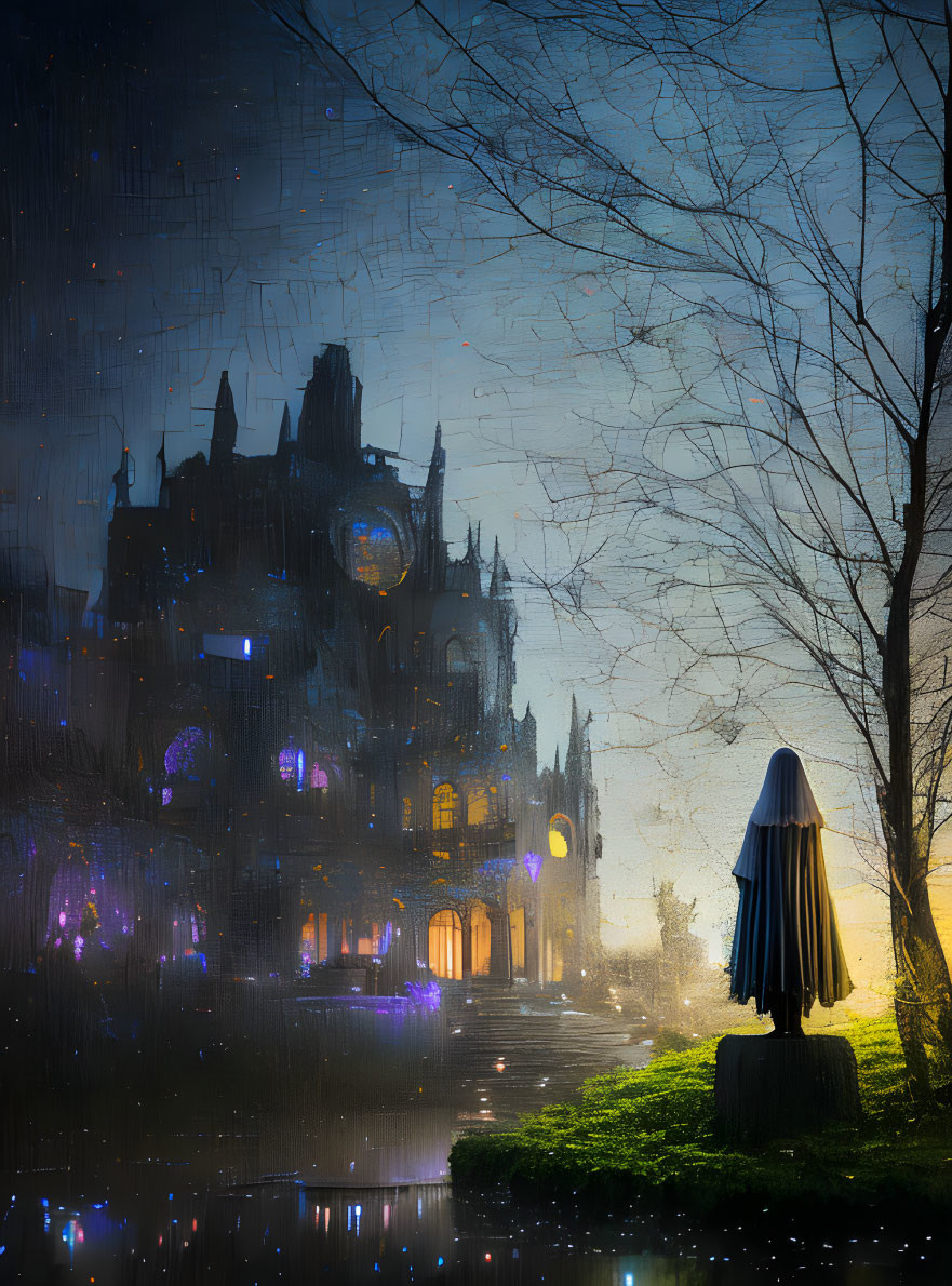 Cloaked figure in front of illuminated castle at night