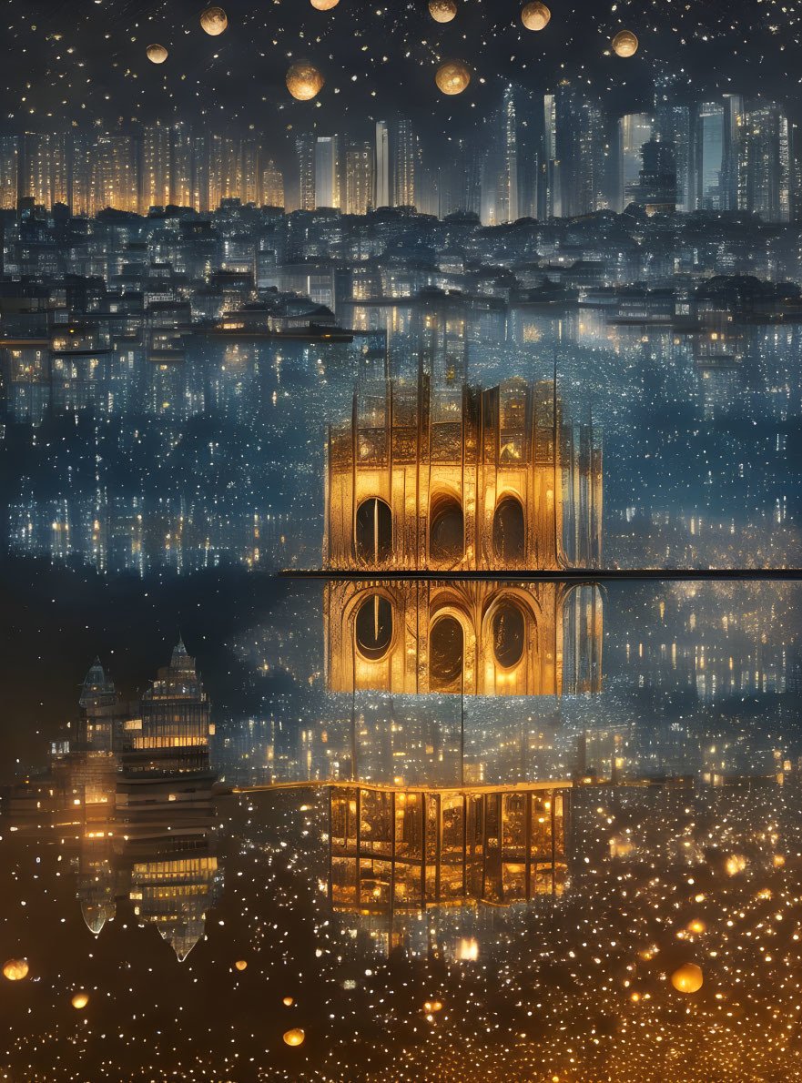 Illuminated Gothic building reflected on water in night cityscape