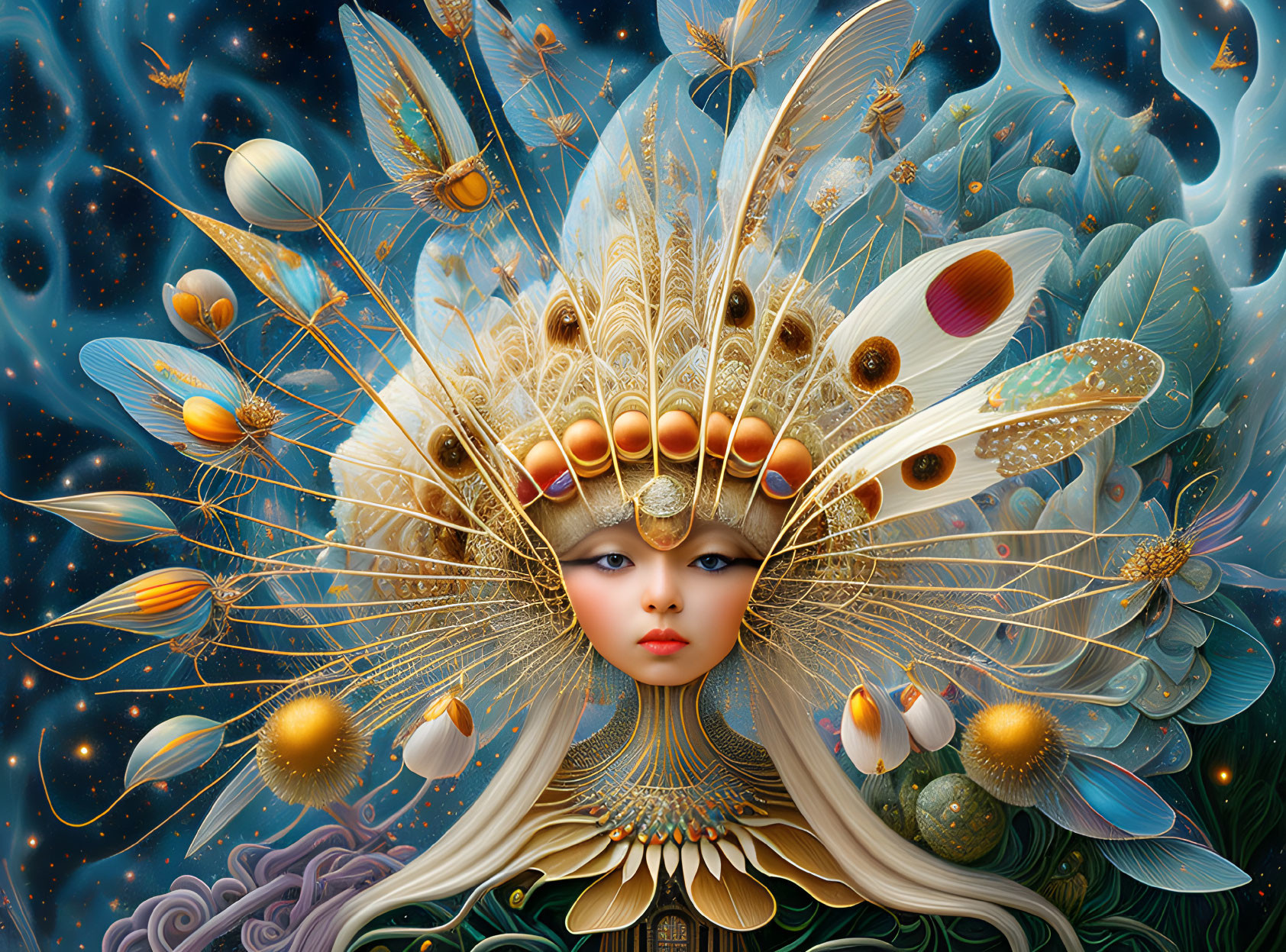 Surreal female figure with peacock feather headdress in cosmic scene