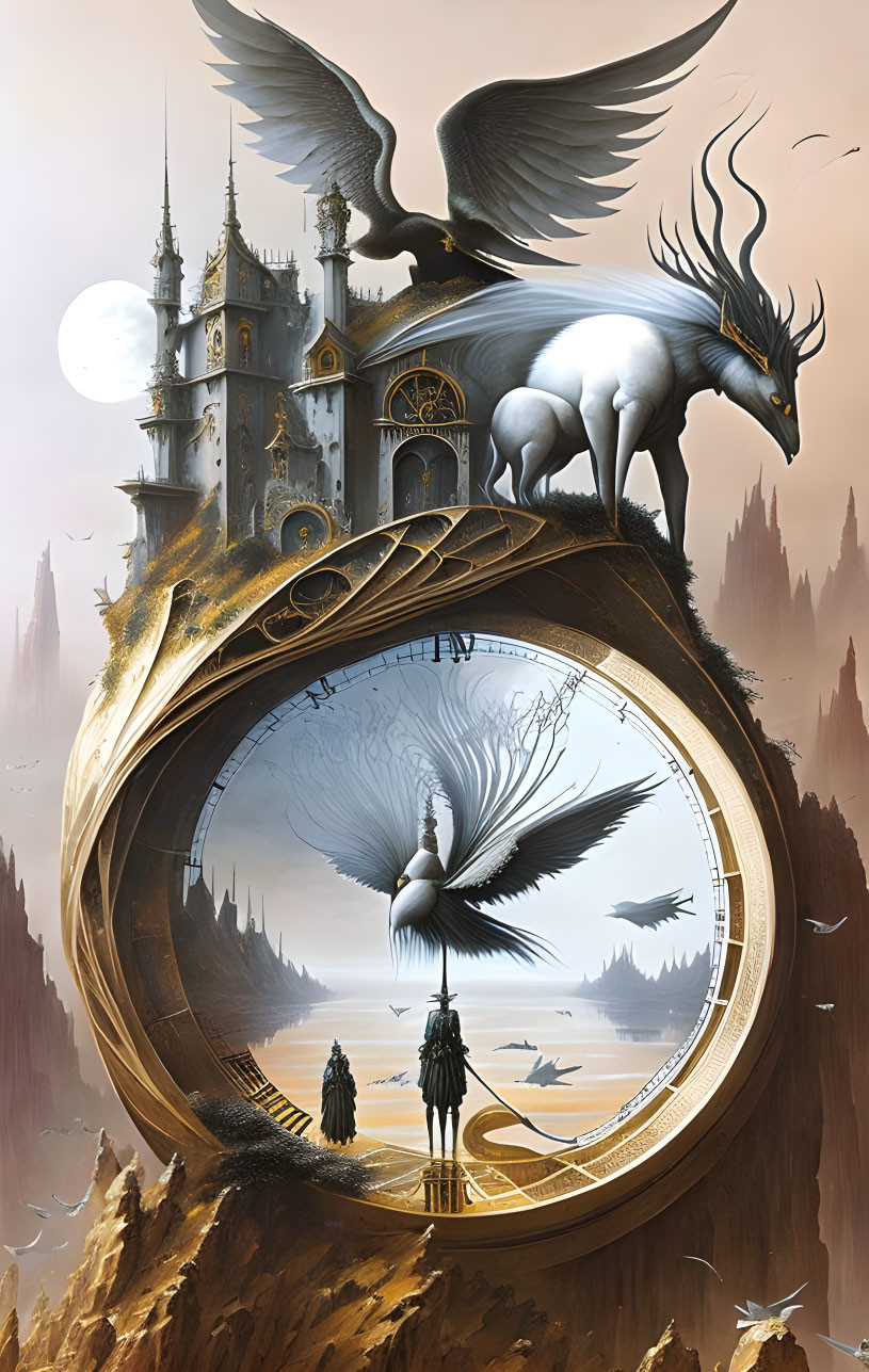 Surreal artwork: castle, stag, birds, clock with mirrored landscape