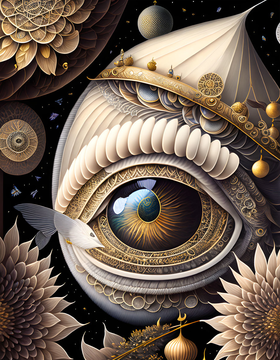 Detailed surreal artwork: Eye with ornate patterns, geometric shapes, and celestial motifs on dark background