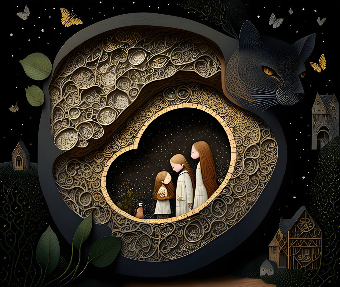 Whimsical cat silhouette art with three girls in night sky