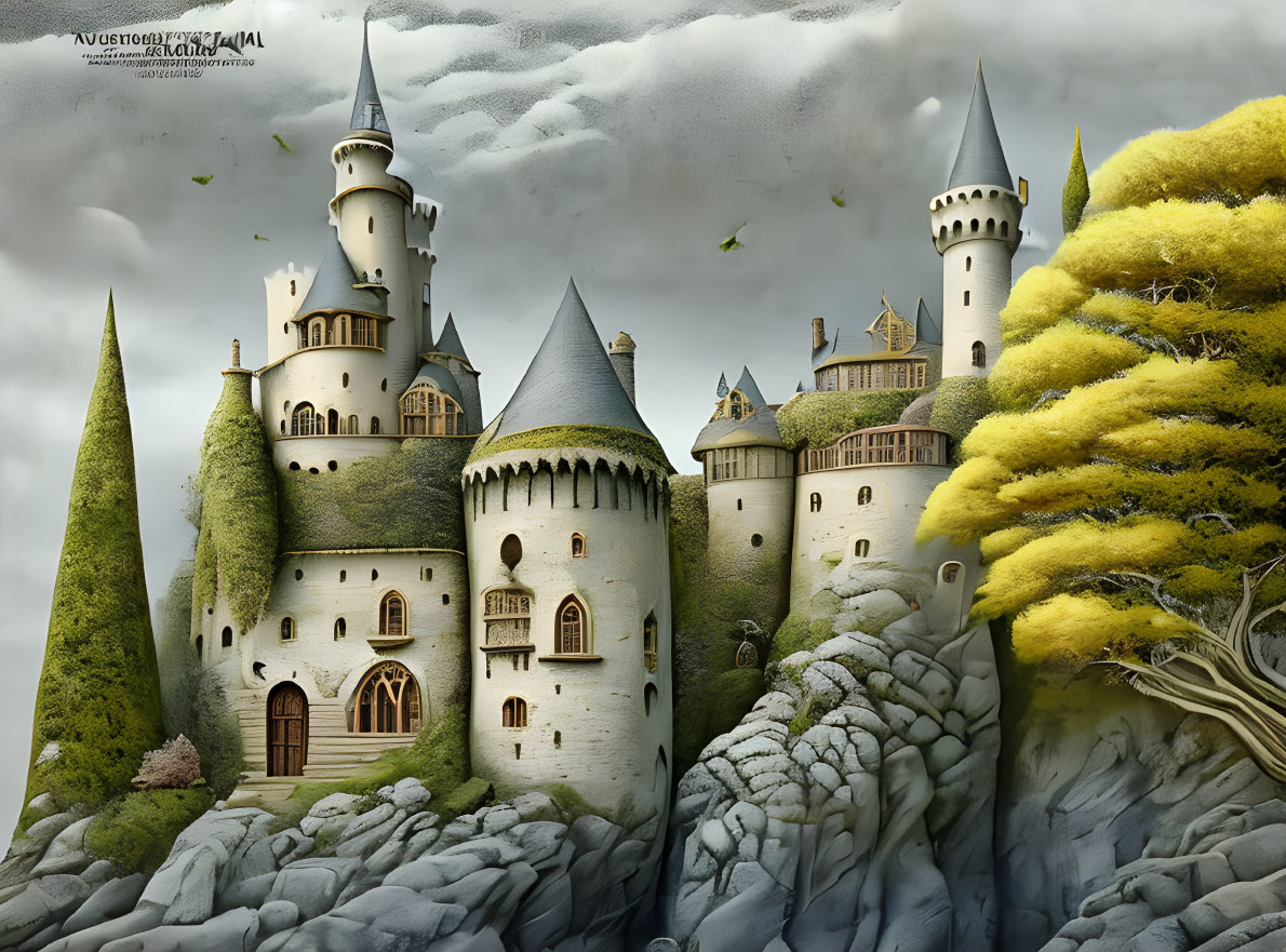 Fantastical castle with multiple towers in lush green hills