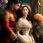 Regal couple in historical attire surrounded by vibrant flowers