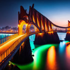 Fantasy night landscape with illuminated houses, bridge, mountains, starry sky, and crescent moon