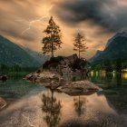 Fantasy landscape at dusk with reflective lake, glowing flowers, cottages, and lightning sky.