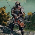 Samurai in traditional armor by tranquil pond in mystical forest