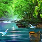 Tranquil fantasy landscape with waterfalls, greenery, ships, and castle