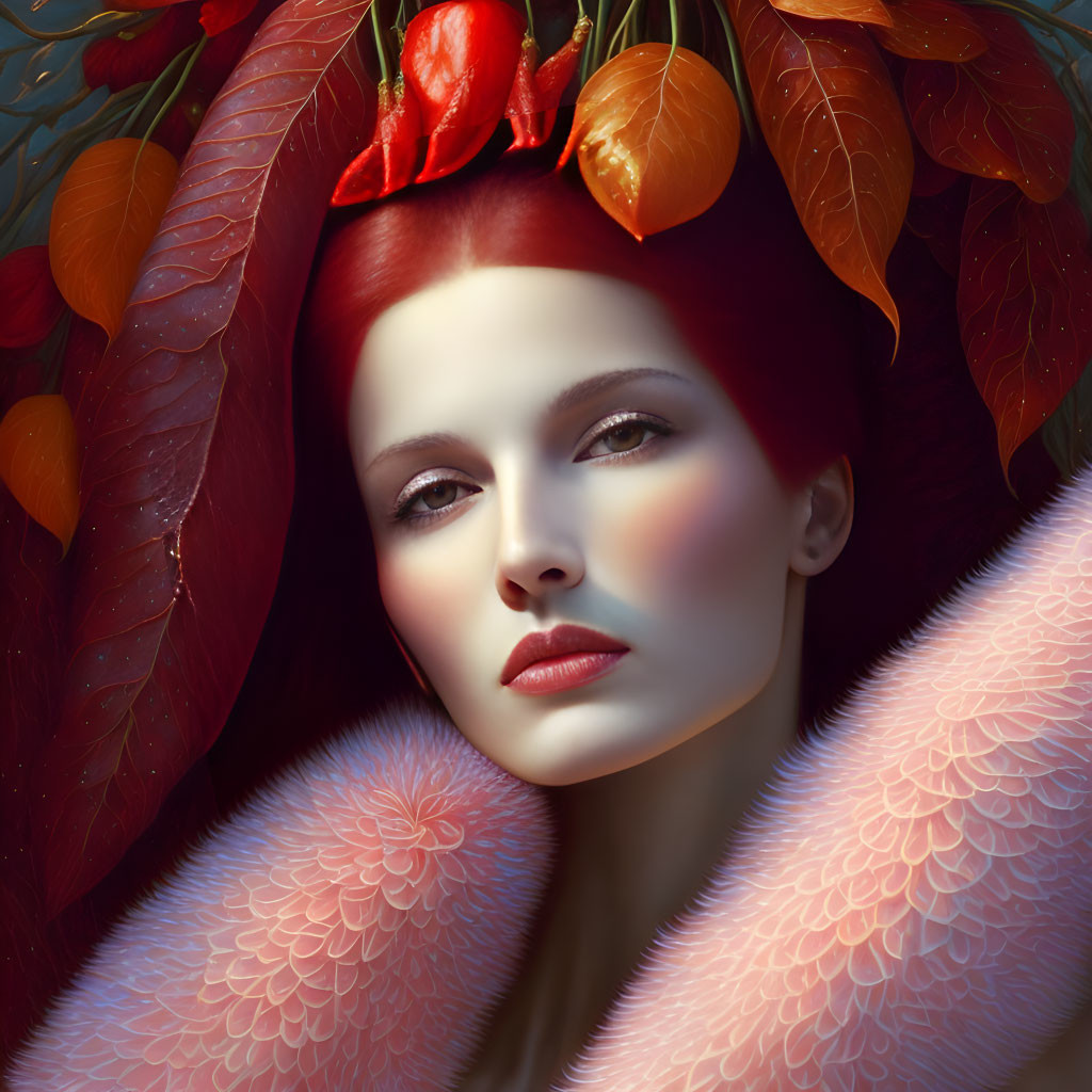 Red-haired woman with berry and leaf hair accessory in elegant and surreal setting