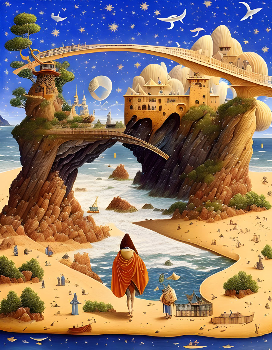 Fantasy and reality blend in coastal scene with robed figure and whimsical architecture