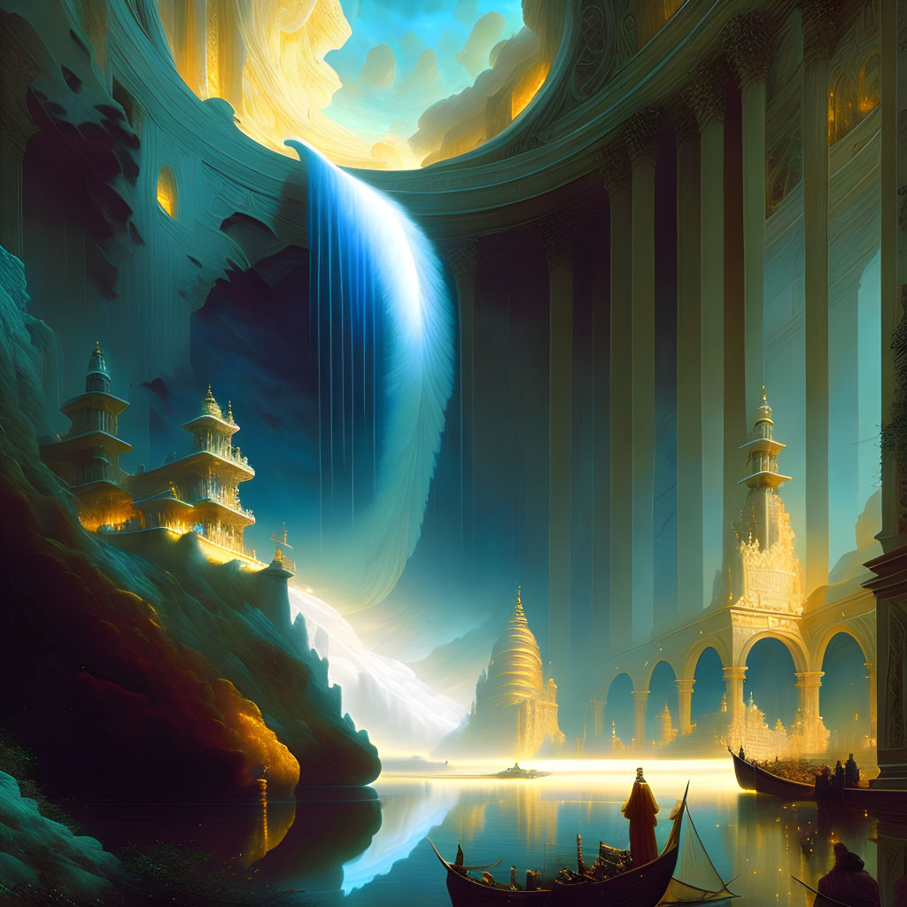 Majestic landscape with pillars, waterfall, pagodas, lake, and boat under ethereal