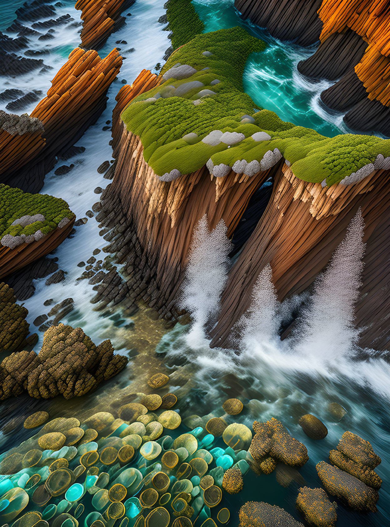 Coastal landscape with layered rocks, green moss, waves, and glowing seabed elements