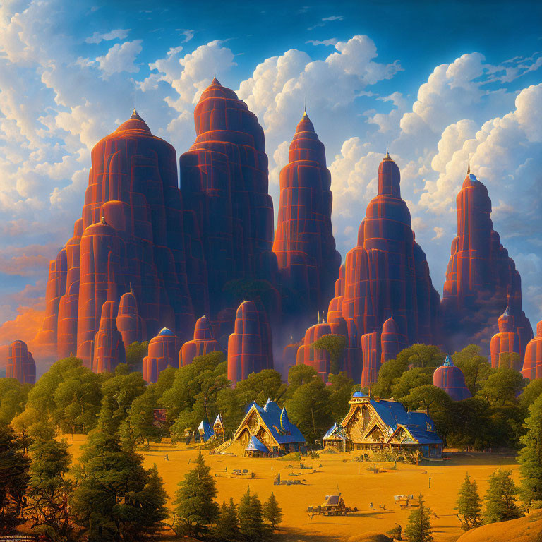 Fantastical landscape with towering rock formations and blue-roofed cottages