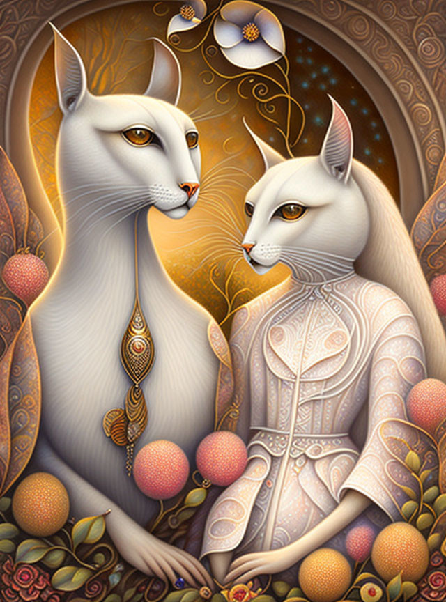 Stylized cats in elegant outfits with ornate patterns and golden fruits and flowers in decorative arch