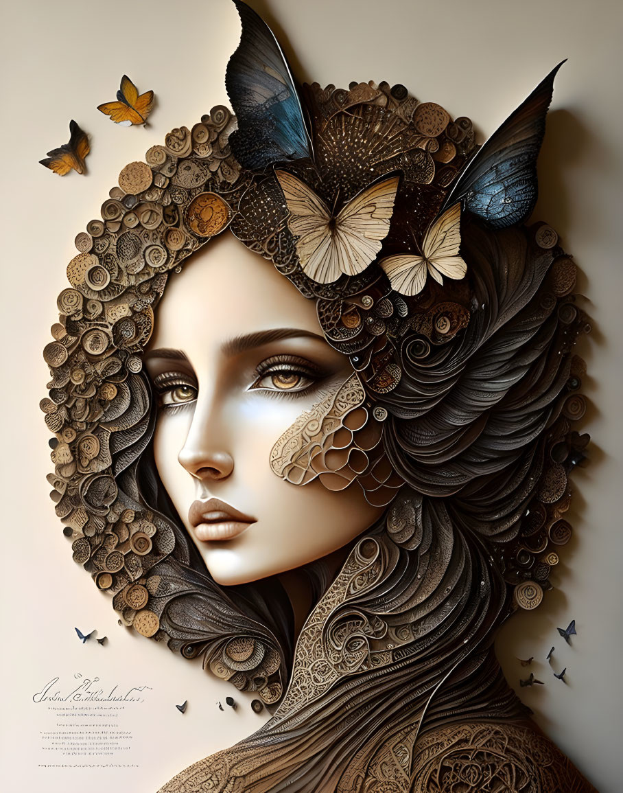 Intricate woman's face illustration with butterflies and ornate elements