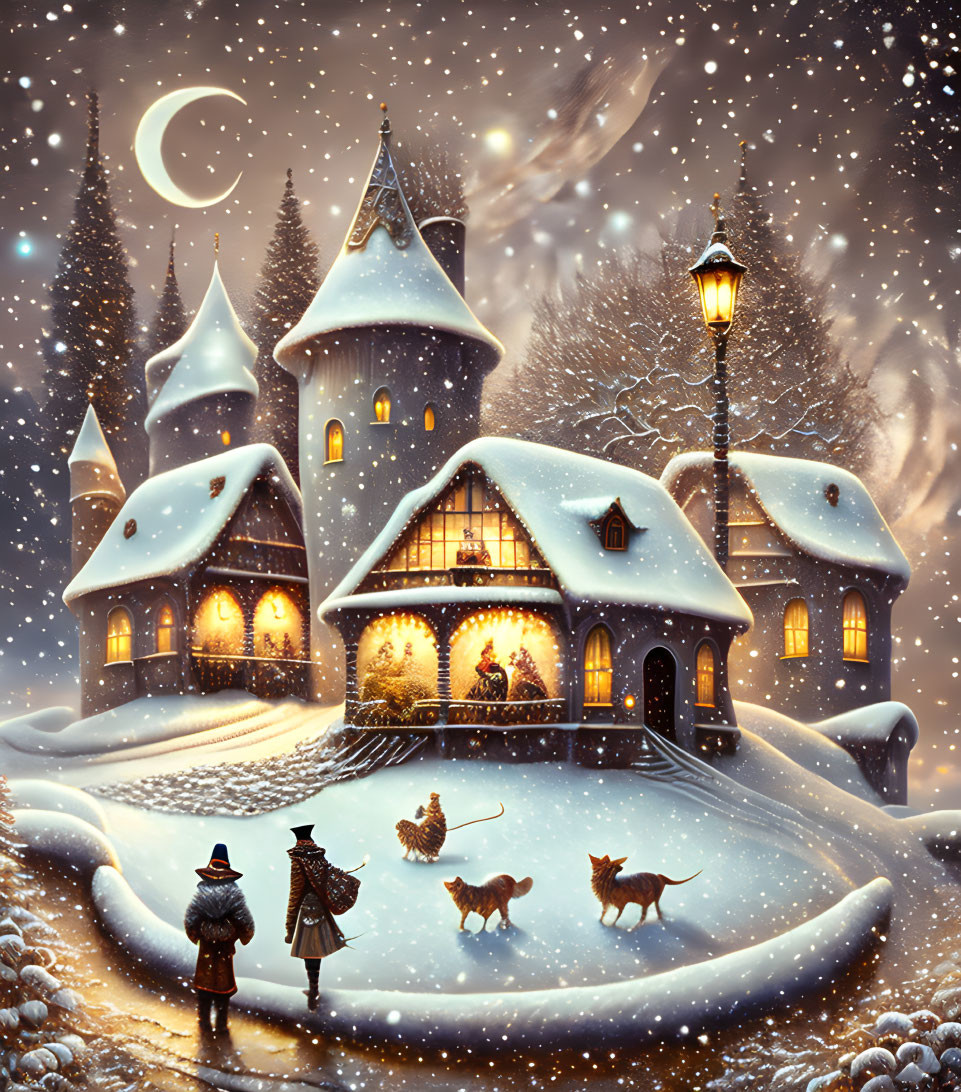 Winter scene: Cozy house, person, animals under starry sky with crescent moon, snow