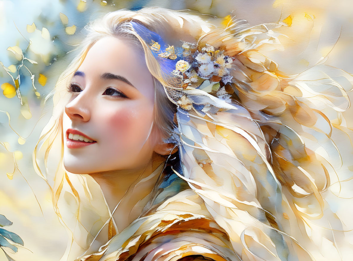 Smiling woman portrait with floral hair accessory in stylized painterly effect