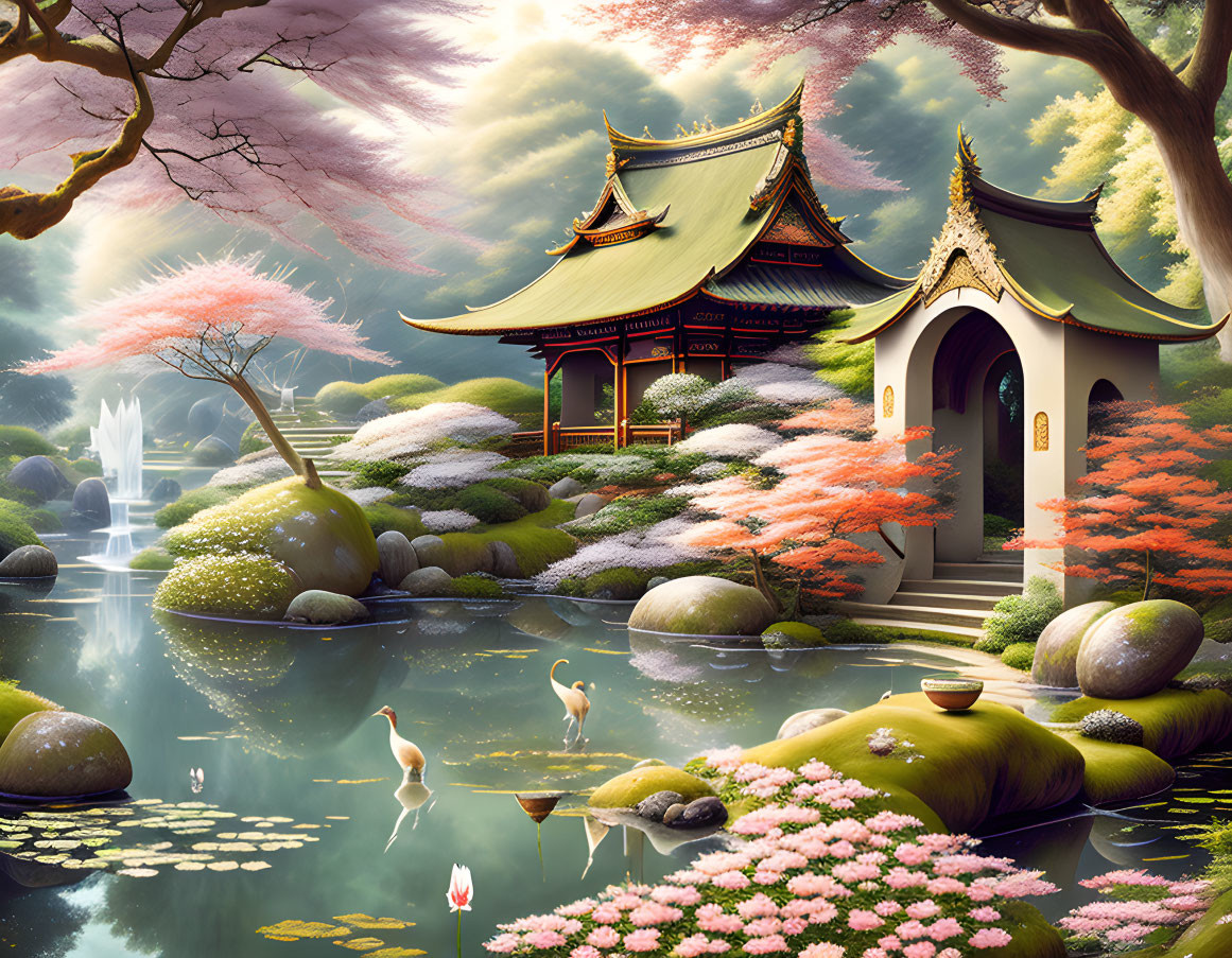 Traditional Japanese garden with pavilion, cherry blossoms, flamingos, lanterns & waterfall