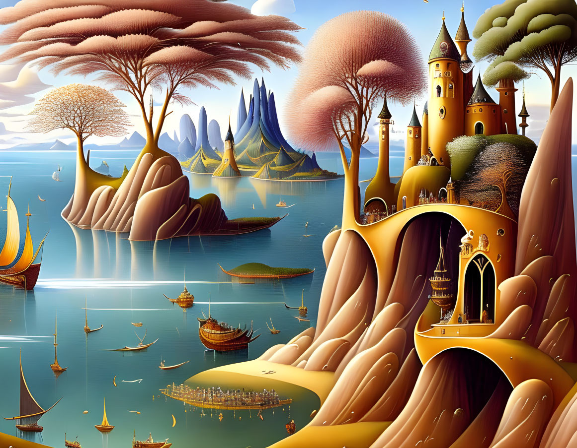 Vibrant surreal fantasy landscape with colorful trees, calm sea, and whimsical castles