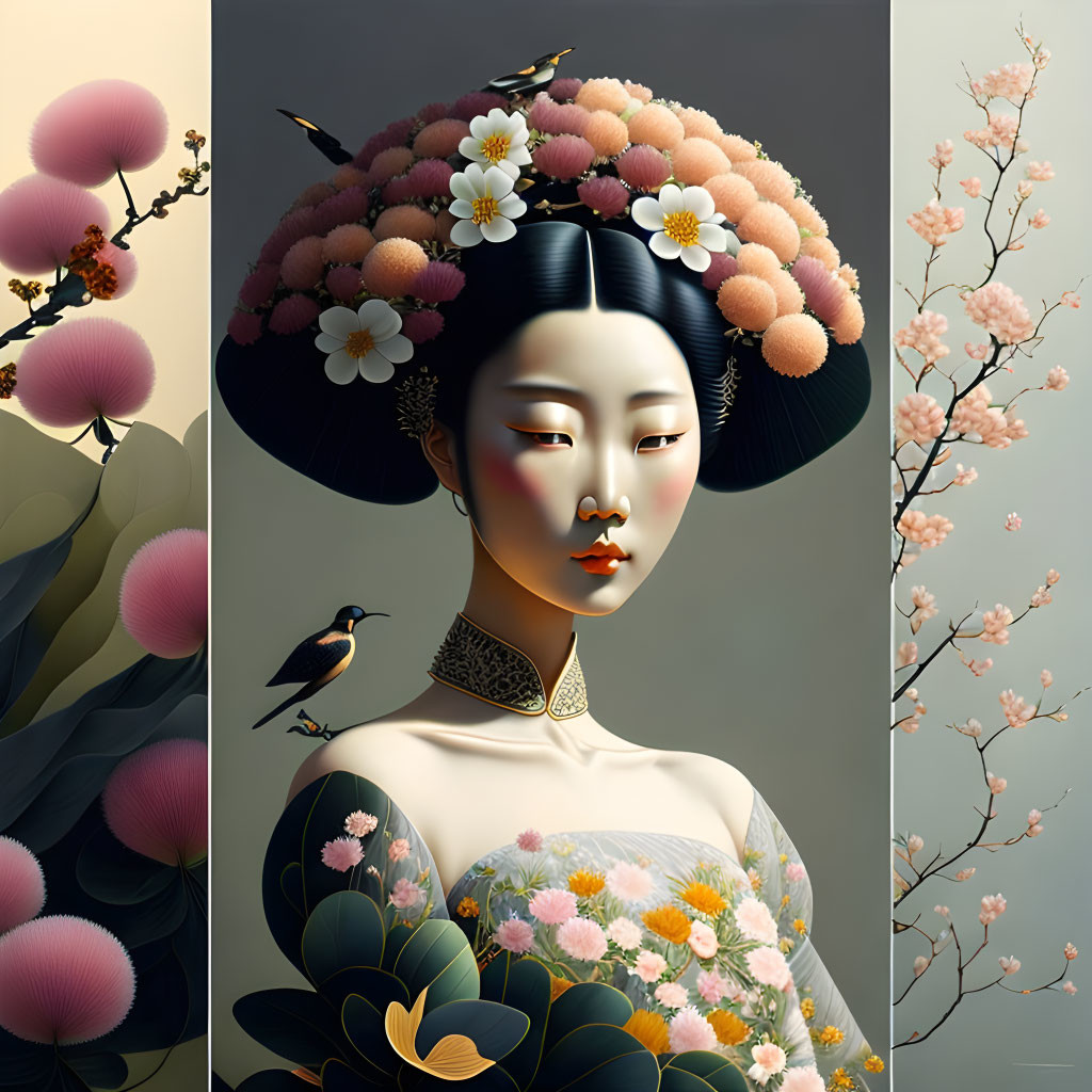 Stylized portrait of woman with floral hairstyle and birds in modern-traditional fusion