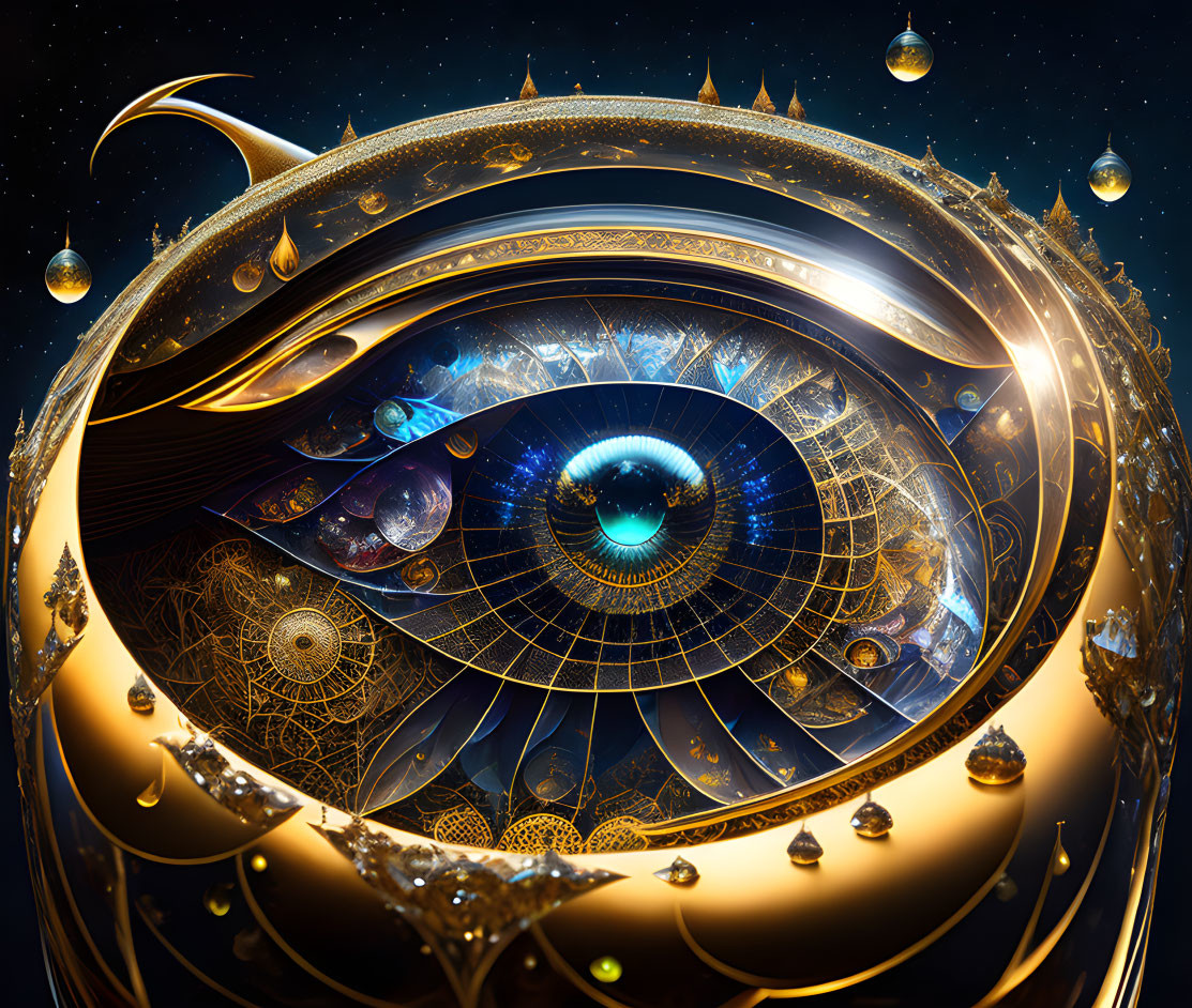 Intricate Golden Cosmic Eye with Planets and Stars