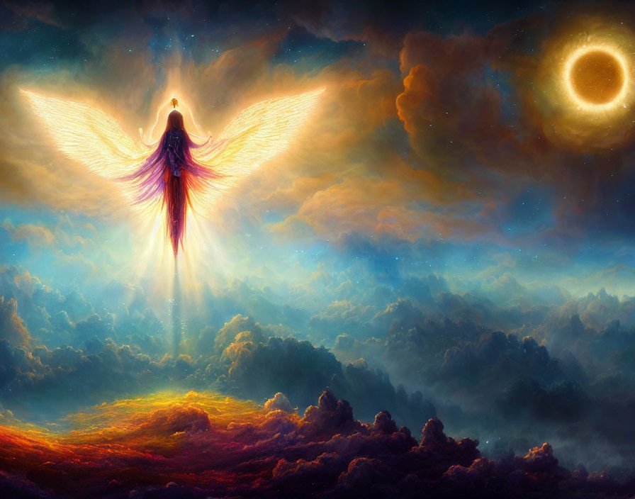 Ethereal angel with radiant wings in dramatic cloudscape.