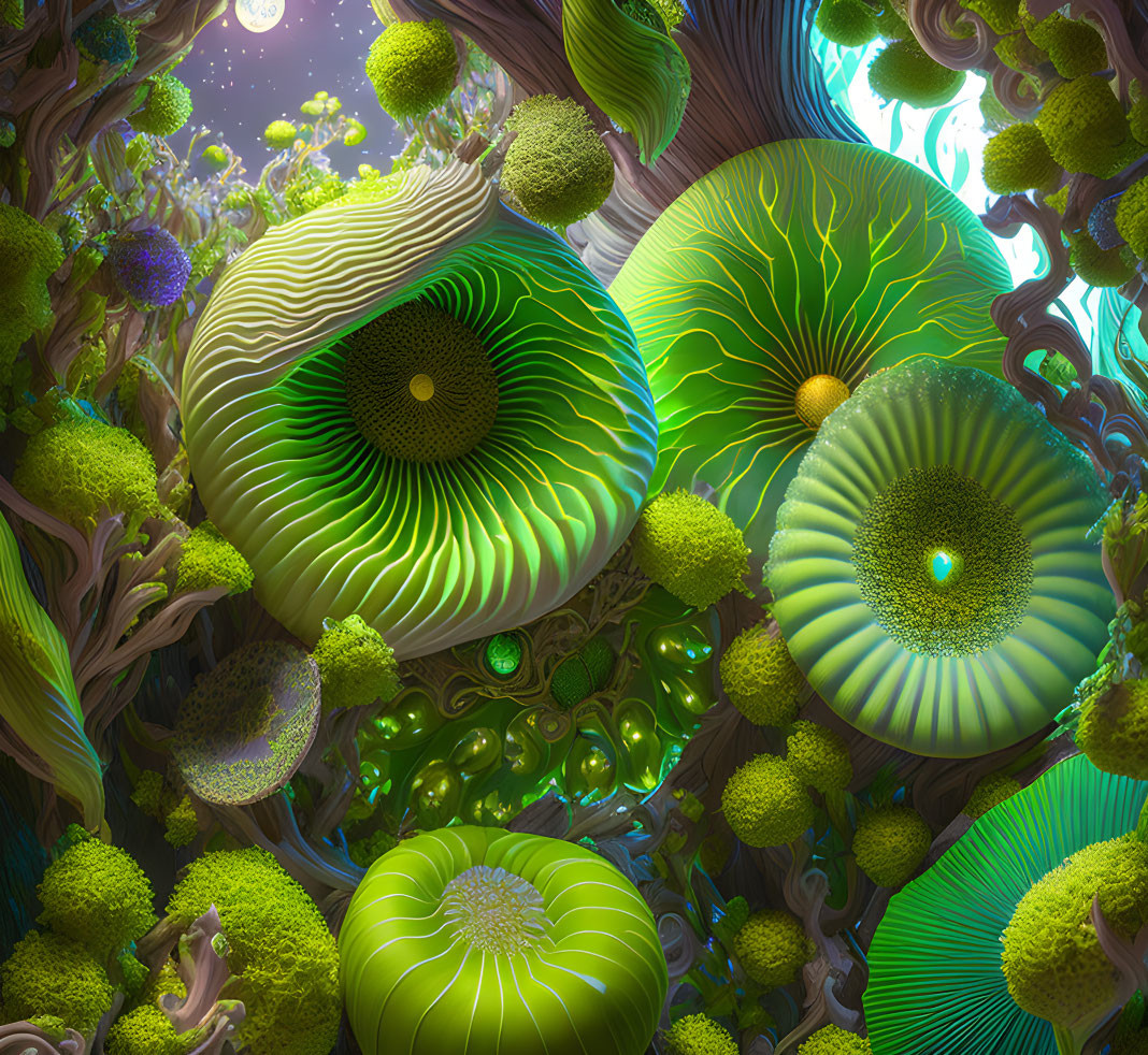 Vibrant digital artwork of mystical forest with oversized green fungi, mossy orbs, twisted tree tr