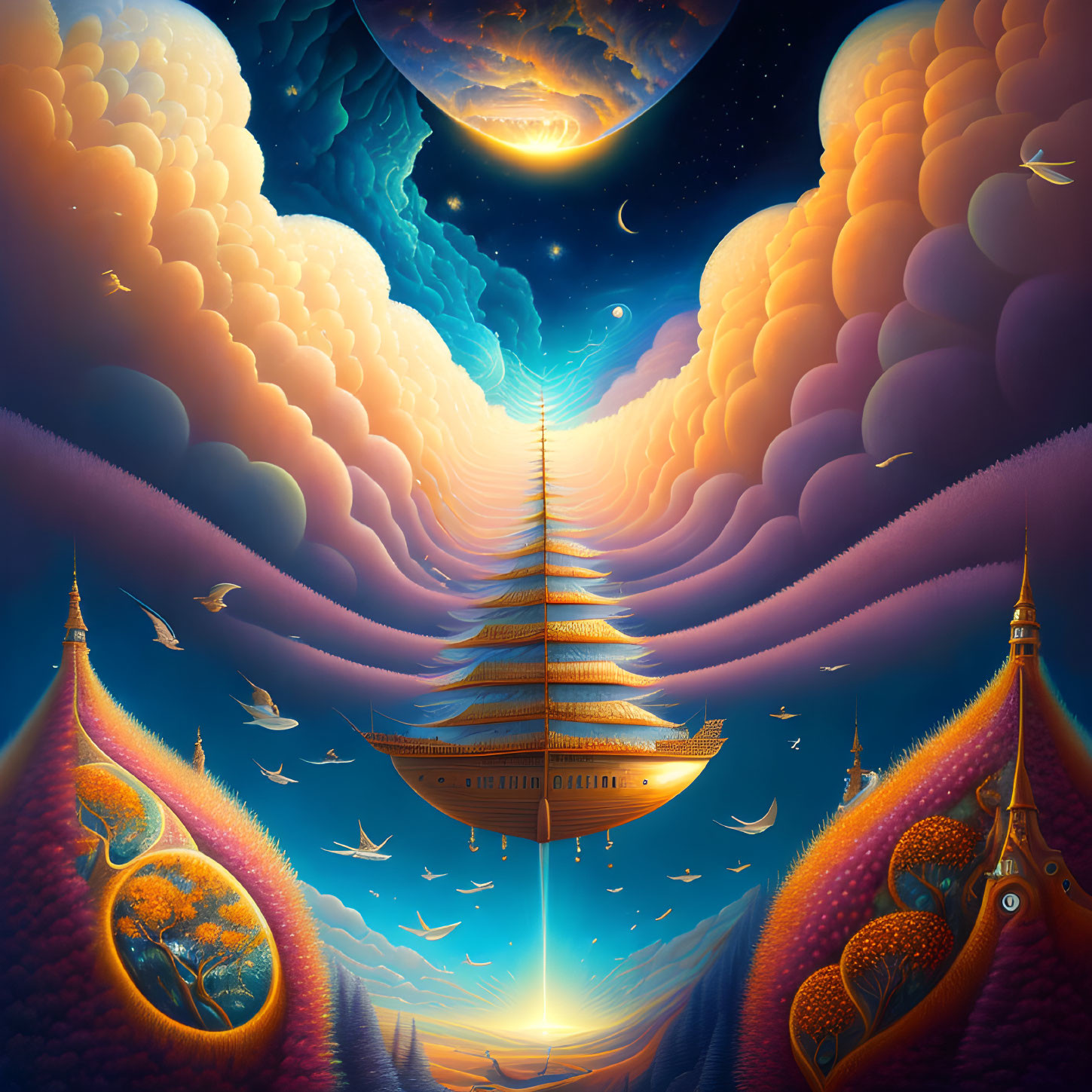 Colorful fantasy artwork: Ship on beam of light to crescent moon