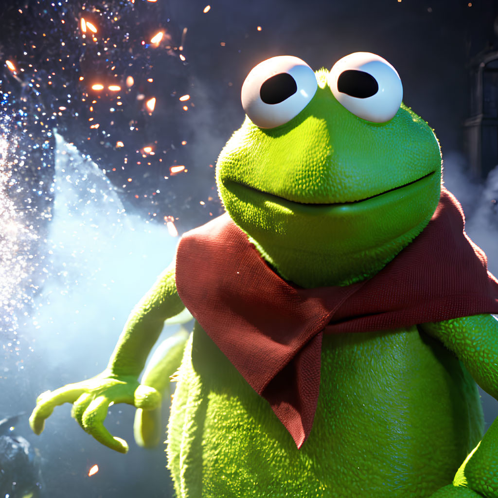 Smiling green frog character with big eyes and red scarf in 3D render