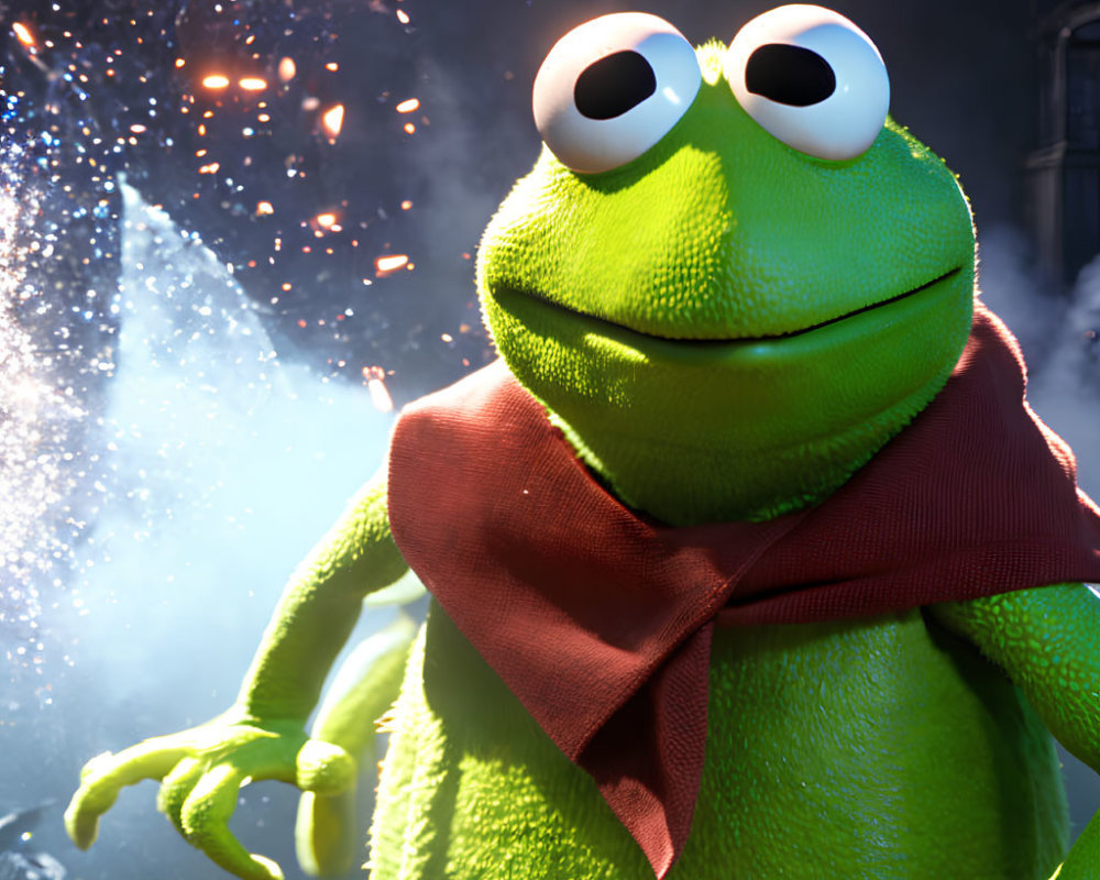 Smiling green frog character with big eyes and red scarf in 3D render