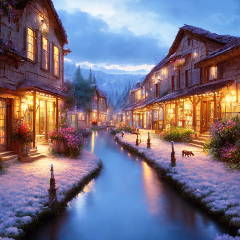 Charming village scene: illuminated houses, canal, vibrant flowers, dusky sky