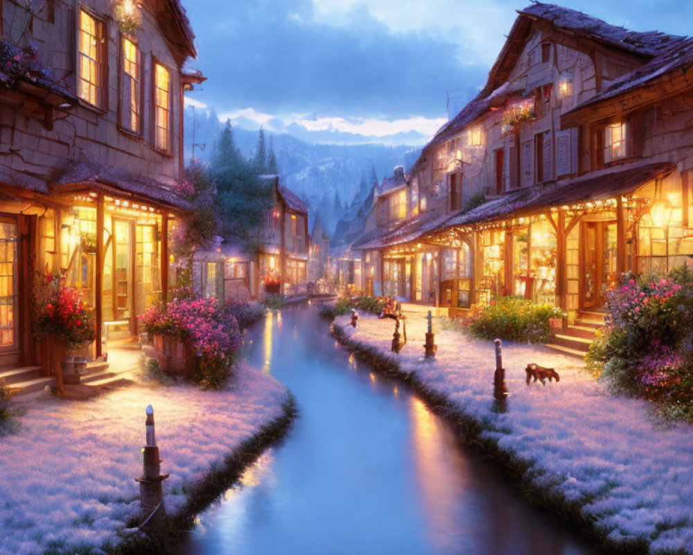 Charming village scene: illuminated houses, canal, vibrant flowers, dusky sky